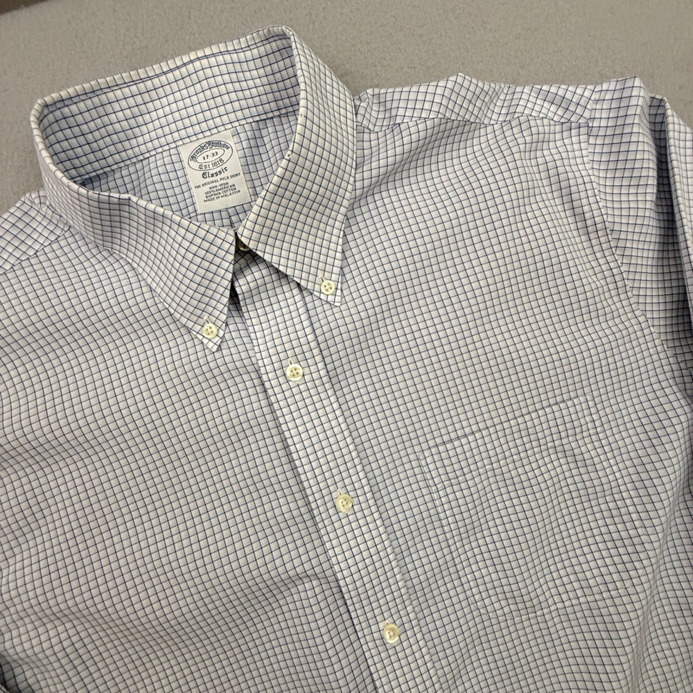 Brooks Brothers Button Down Shirt Mens 17-33 White Blue Tattersall Non-Iron